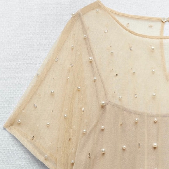 NWT ZARA Nude dress with pearls - Picture 6 of 8